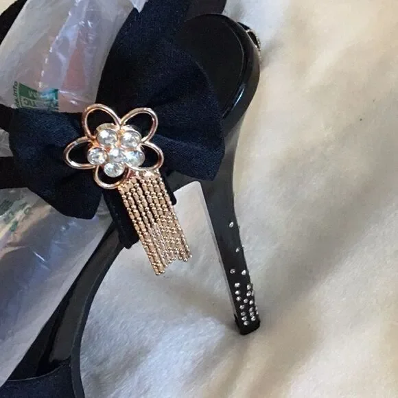 BLACK STILETTOS WITH JEWELED HEELS IN SIZE 39 - Picture 12 of 14